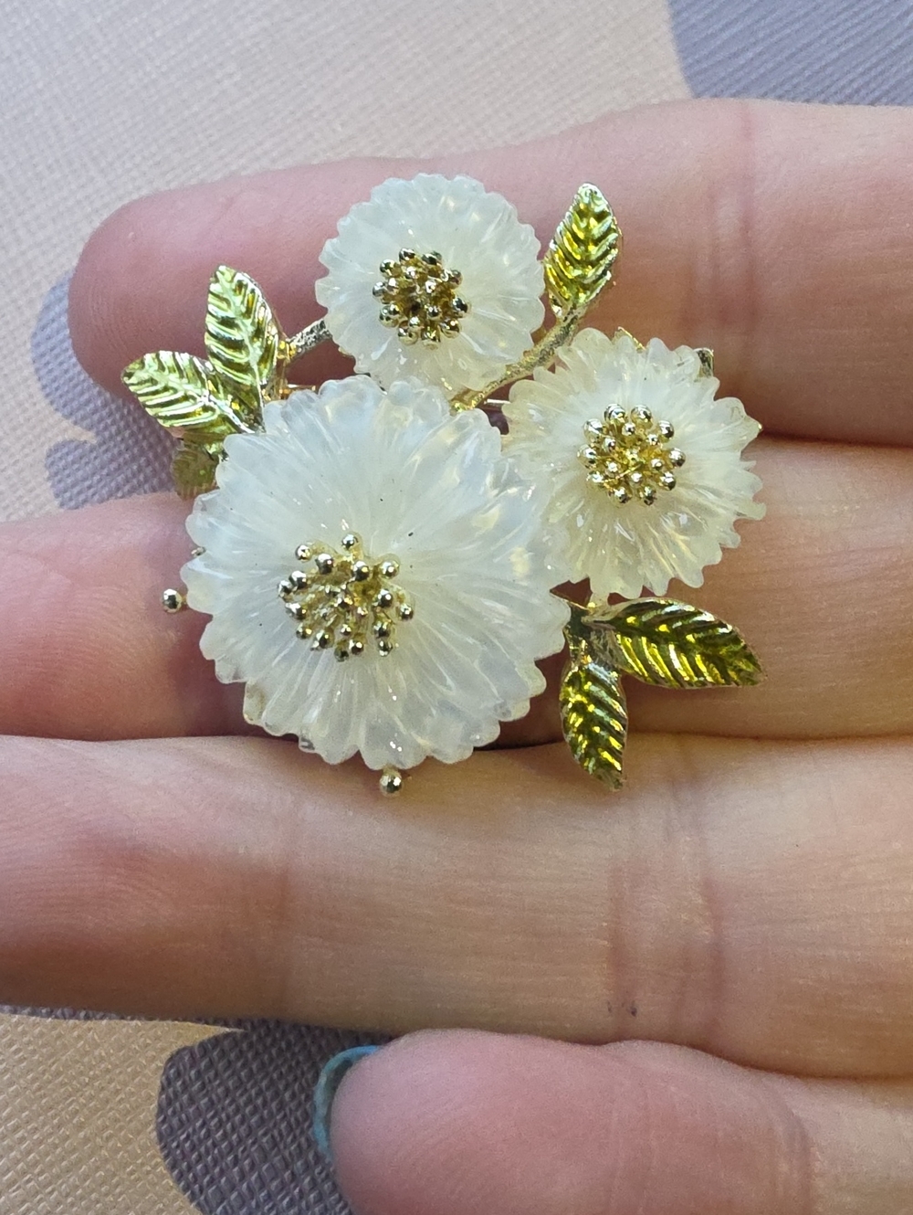 A77- Gold and White Floral Brooch - Elegant Resin Flower Pin